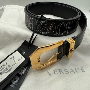 BNWT Versace Black Belt with Gold Buckle white embroidery 🔥 dust bag